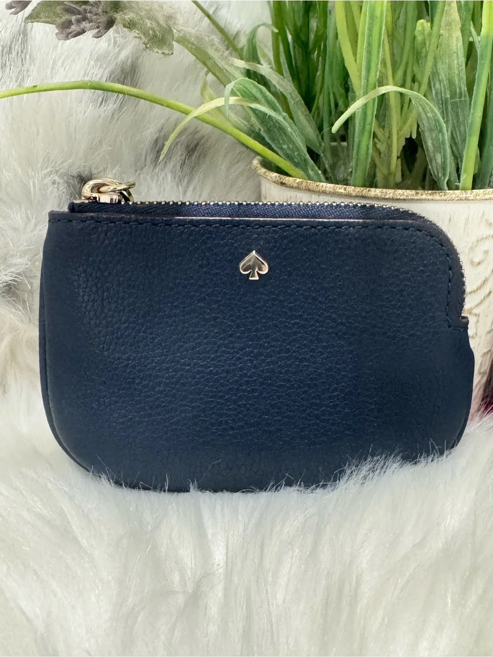 Kate Spade ♠️ Zip Coin Purse Pouch Navy Pebbled Leather Gold Hardware